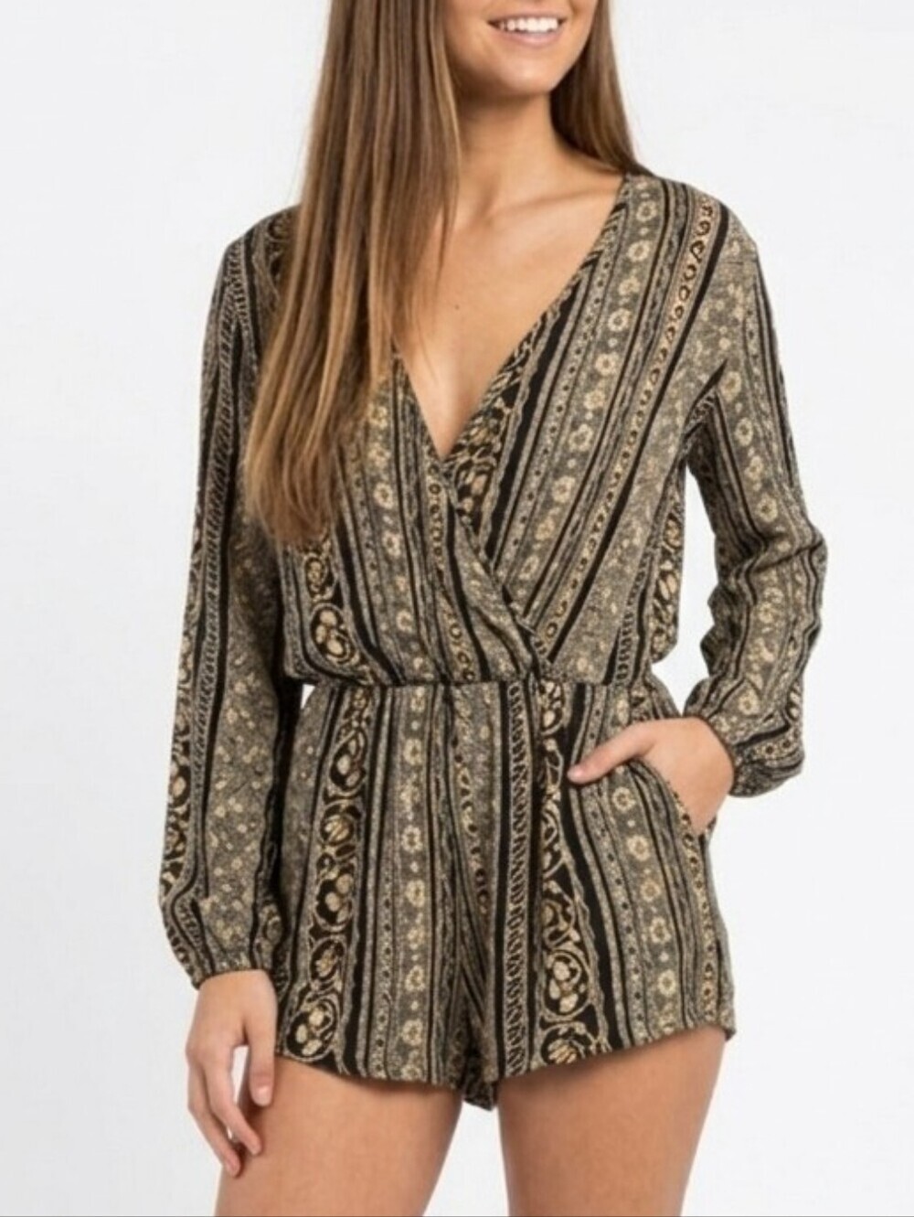 Honey Punch Black and gold Pattern Romper